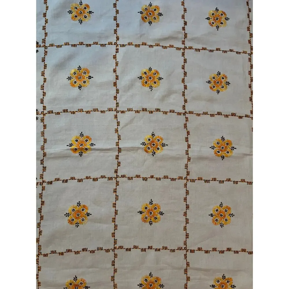 Vintage Embroidered Tablecloth Autumnal Orange Yellow Floral Crochet Lace Border